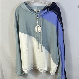 Umgee Blue and White Colorblock Hoodie Cotton Size 2X green, white, and blue